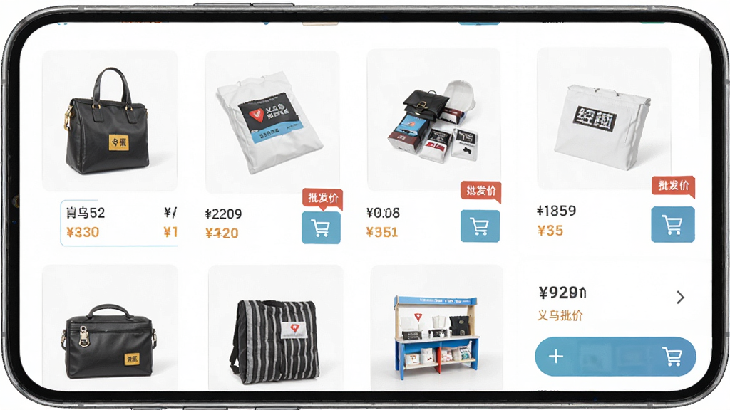 义乌小商品进货批发软件界面截图,主体为手机屏幕展示商品列表与价格,布局为上下结构,排版整齐清晰,风格为现代电商简约风,细节包含商品缩略图、批发价标签、购物车图标,画质高清,干净,无多余元素