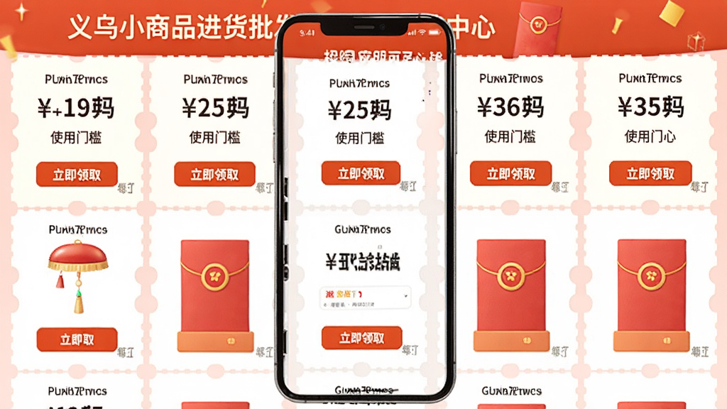 义乌小商品进货批发领券中心页面,主体为手机屏幕展示多张优惠券与红包,布局为网格排列,排版紧凑有序,风格为促销活动风,细节包含券面金额、使用门槛、立即领取按钮,画质清晰,干净,无多余元素
