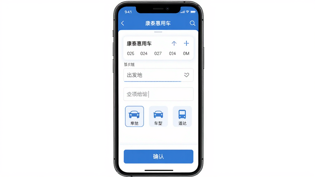 �ֻ���Ļչʾ��̩���ó�APP�ó��µ����棬����Ϊ��ɫ�����棬����Ϊ�������������в����������ӵײ�ȷ�ϰ�ť���Ű��������򣬷��Ϊ�ִ������Լ�磬ϸ�ڰ�������ѡ������������Ŀ�ĵ�����򡢳���ѡ��ͼ�꣬���ʸ���ɾ��޶���Ԫ��