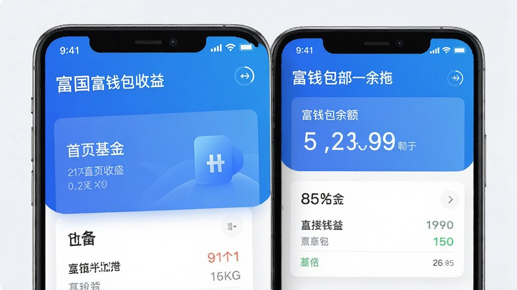 富国富钱包APP主界面截图,展示首页基金收益和富钱包余额,手机屏幕竖版布局,界面清爽蓝色调,文字清晰,干净无多余元素,高质量UI预览图
