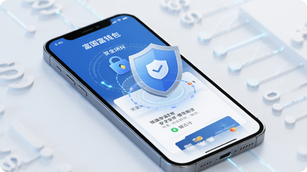 富国富钱包安全理财概念图,手机屏幕显示资金闭环和银行卡绑定界面,盾牌图标突出安全,蓝色科技风格,简洁排版,画质清晰,干净无多余元素