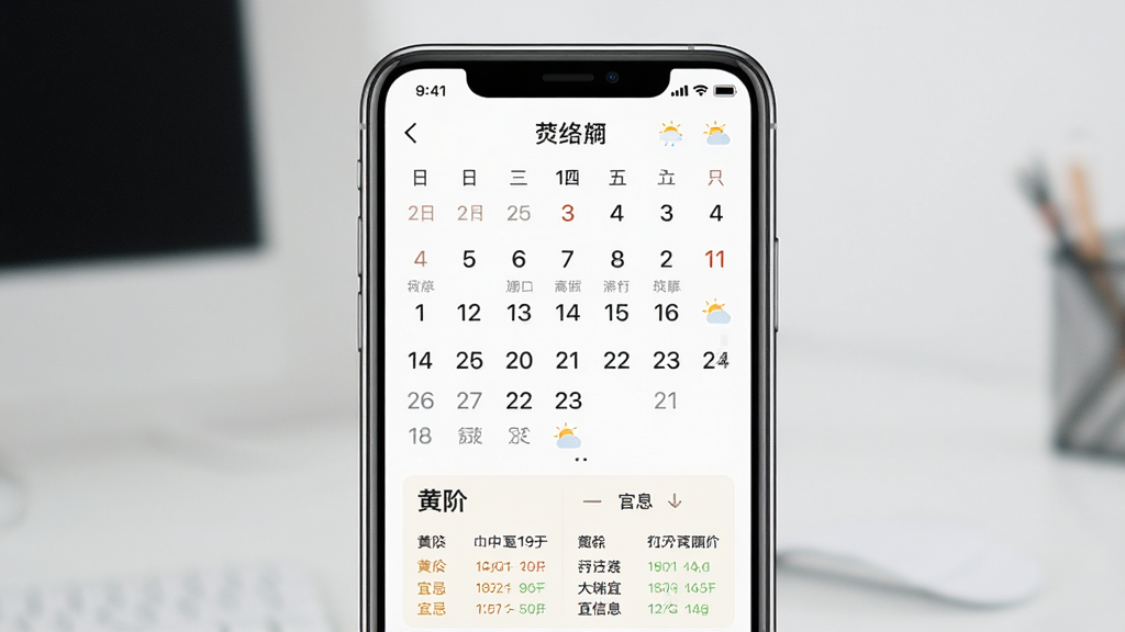简约日历手机应用界面展示,主体为一部智能手机,屏幕上显示日历月视图和黄历宜忌信息,布局为居中展示手机正面,排版简洁,风格清新现代,细节包括日期数字清晰、农历小字标注、天气图标点缀,画质高清,干净,无多余元素