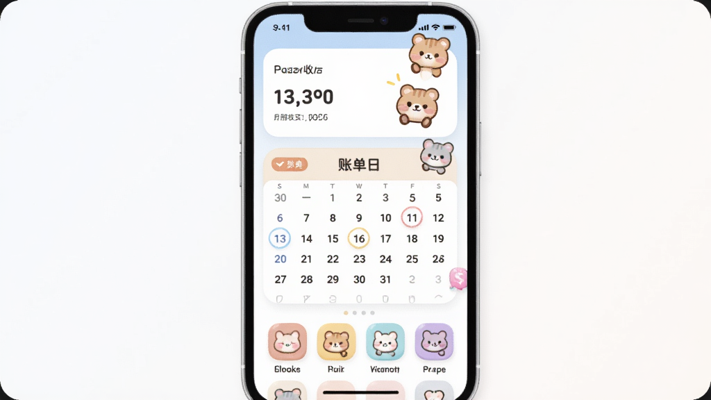 pazzy盒子APP界面展示,主体是一个软萌卡通风格的记账首页,布局为上方月度收支汇总卡片,中间是账单日历,下方是可爱的分类图标,排版简洁清爽,风格治愈卡通,细节包括圆角卡片、柔和配色、小动物装饰,画质高清,干净,无多余元素
