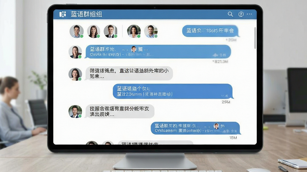 蓝语群组聊天场景,多人对话界面,头像排列整齐,消息气泡清晰,整体风格简约商务,画质干净,无杂乱元素