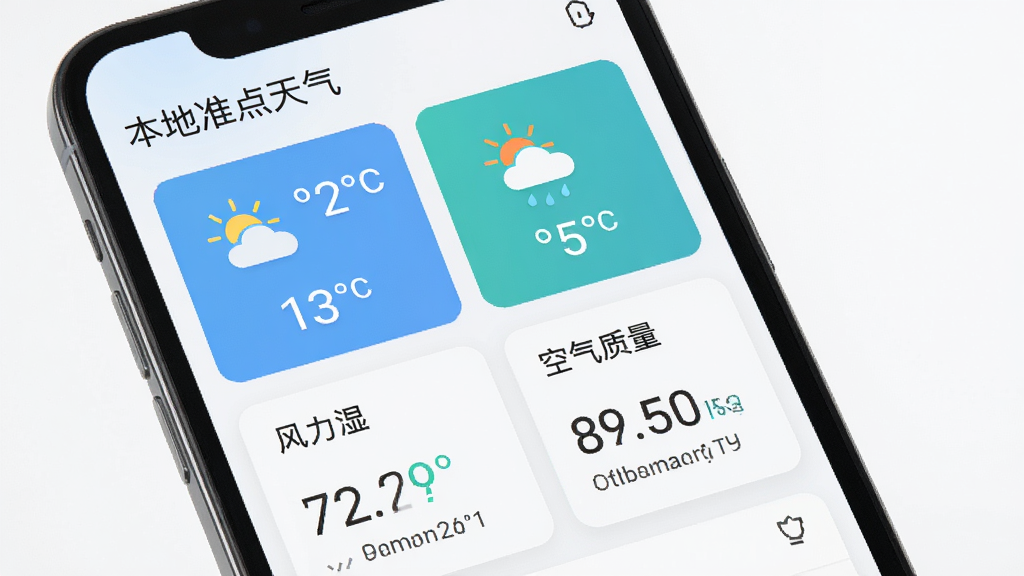 本地准点天气软件界面截图,主体为手机屏幕显示实时温度、湿度、风力与空气质量数据卡片,布局清晰,排版简洁,风格为现代扁平化设计,细节包括彩色天气图标与数字指标,画质高清,干净无多余元素,画面中带有“本地准点天气”文字
