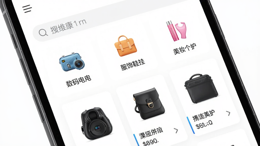 真维康购物平台手机界面展示,主体为一部智能手机,屏幕显示真维康应用首页,包含数码家电、服饰鞋包、美妆个护等分类图标,布局清晰,排版整齐,风格简约现代,细节上展示商品卡片和搜索栏,画质高清,干净,无多余元素