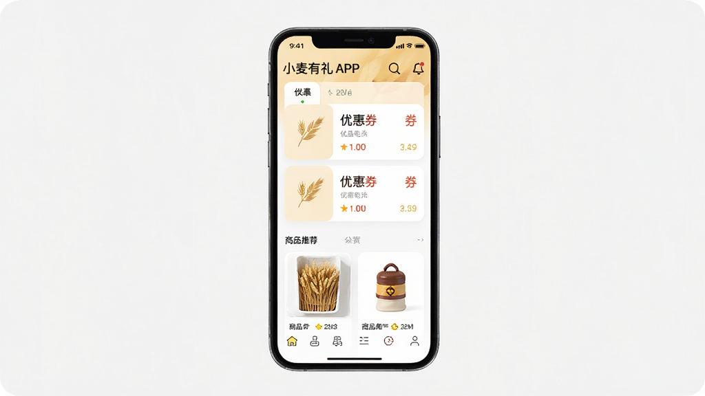 小麦有礼APP界面展示,手机屏幕中显示优惠券列表和商品推荐,布局清晰,排版整洁,风格现代简约,细节丰富,画质清晰,干净无多余元素