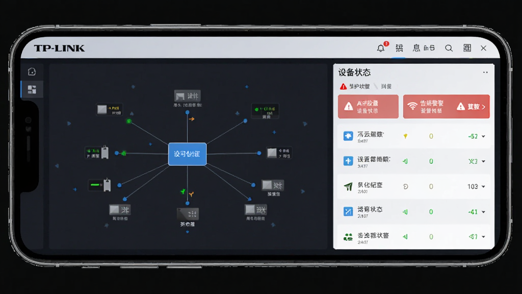 TP-LINK����Զ�̼�ؽ��棬չʾ��������ͼ���豸״̬�б�������Ϊ�ֻ���Ļ�����ַ�����չʾ������澯��Ϣ���Ű����룬���Ϊ�ִ���Լ�Ƽ��磬ϸ�ڰ���״ָ̬ʾ�ƺ͸澯ͼ�꣬���ʸ��壬�ɾ��޶���Ԫ��