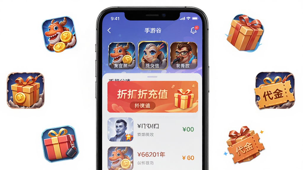 手游谷应用界面展示,主体为手机屏幕中显示多款热门游戏图标与折扣充值横幅,布局采用居中手机模型加周围悬浮游戏图标,排版清晰层次分明,风格为现代科技感UI设计,细节包含金币、礼包、代金券等元素,画质高清干净无多余元素