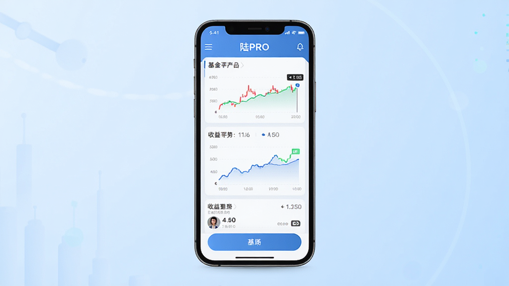 陆PRO基金投资平台手机界面展示,主体为一部智能手机,屏幕显示基金产品列表和收益走势图,布局为居中放置手机,背景为浅蓝色渐变,排版简洁大气,风格为现代科技感,细节包括屏幕上的数据图表和按钮,画质清晰,干净,无多余元素
