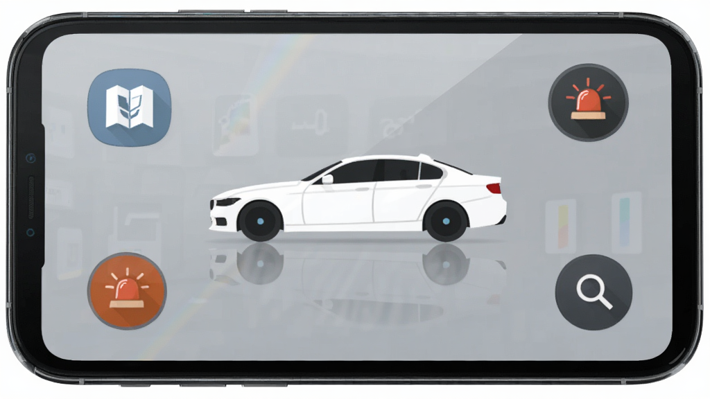 �ֻ���Ļ��ʾBMW��ʻָ��Ӧ�ý��棬����������һ����ɫBMW�γ���������Χ�����û��ֲ�ͼ�ꡢ������ͼ�������ͼ�꣬���ּ�����������Ϊ�ִ��Ƽ��б�ƽ����ƣ�ϸ������Ļ����΢���⣬���ʸ��壬�ɾ����޶���Ԫ��