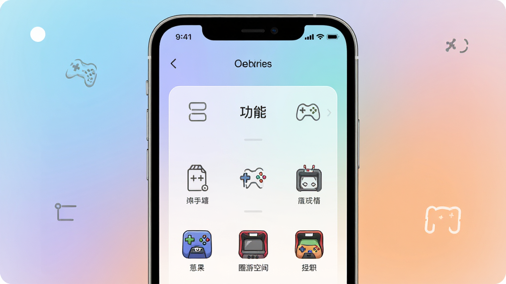 圈游空间应用主界面截图风格,画面主体为手机屏幕,屏幕上显示精简后的功能菜单和电玩图标,布局采用居中对称,排版干净利落,风格为现代简约,细节包含柔和的渐变背景和清晰的图标线条,画质高清,干净,无多余元素