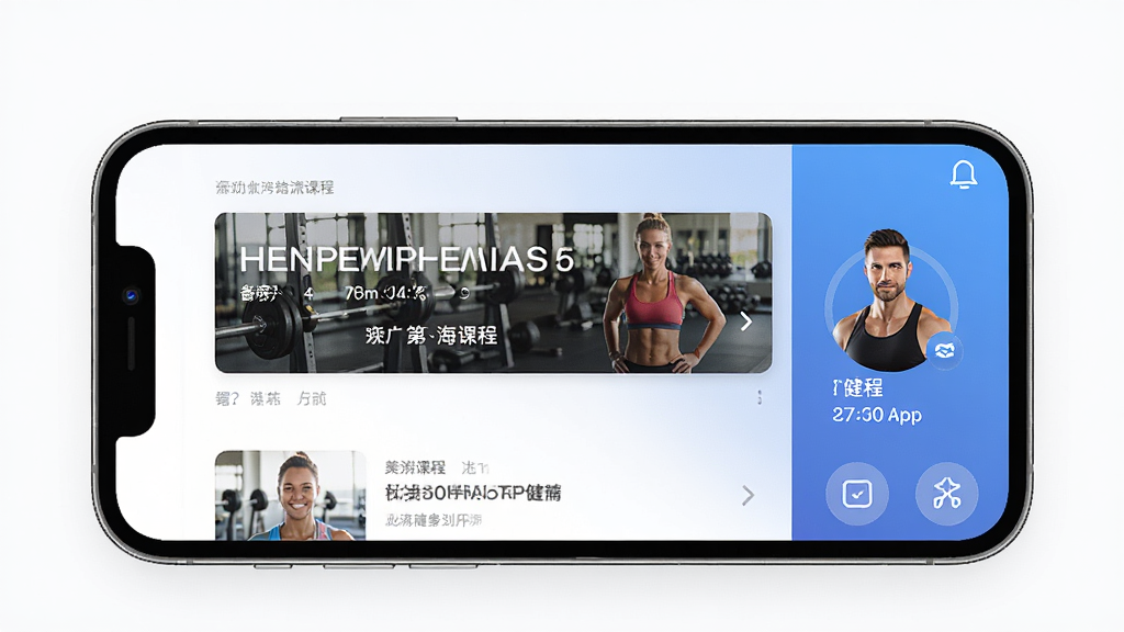 海健身App界面展示,主体为手机屏幕,布局居中,排版简洁,风格现代运动风,细节包含健身课程列表与教练头像,画质清晰,干净,无多余元素