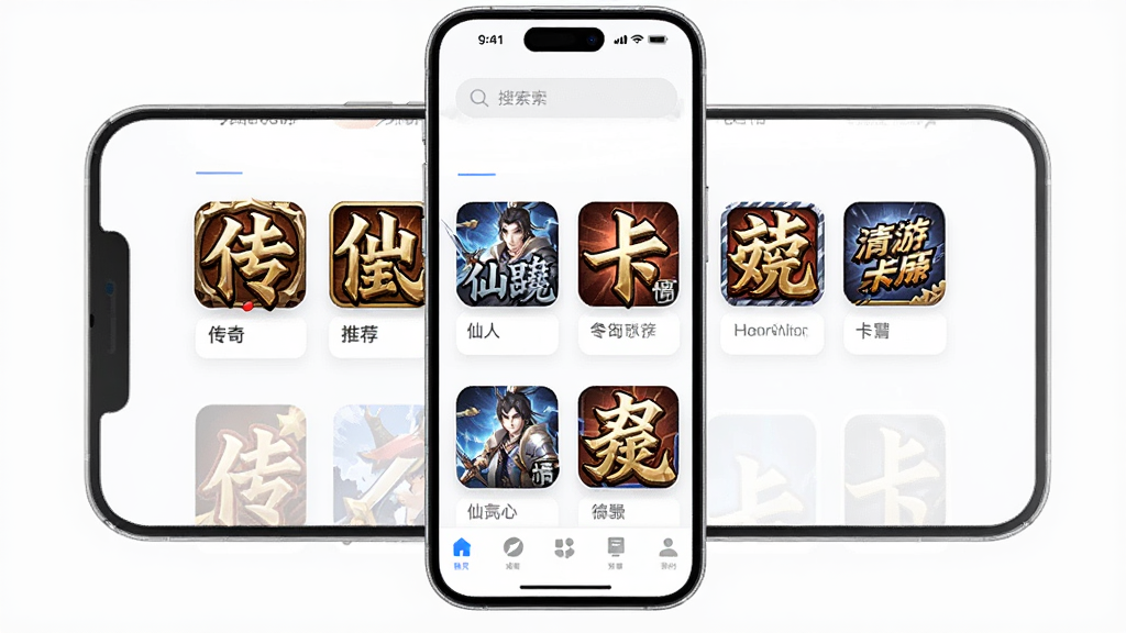 零氪手游游戏盒子主界面,主体为手机屏幕展示,布局为顶部搜索栏加中部游戏推荐位加底部导航栏,排版整齐清晰,风格为现代简约科技感,细节包括传奇、仙侠、卡牌等游戏图标,画质高清干净无多余元素
