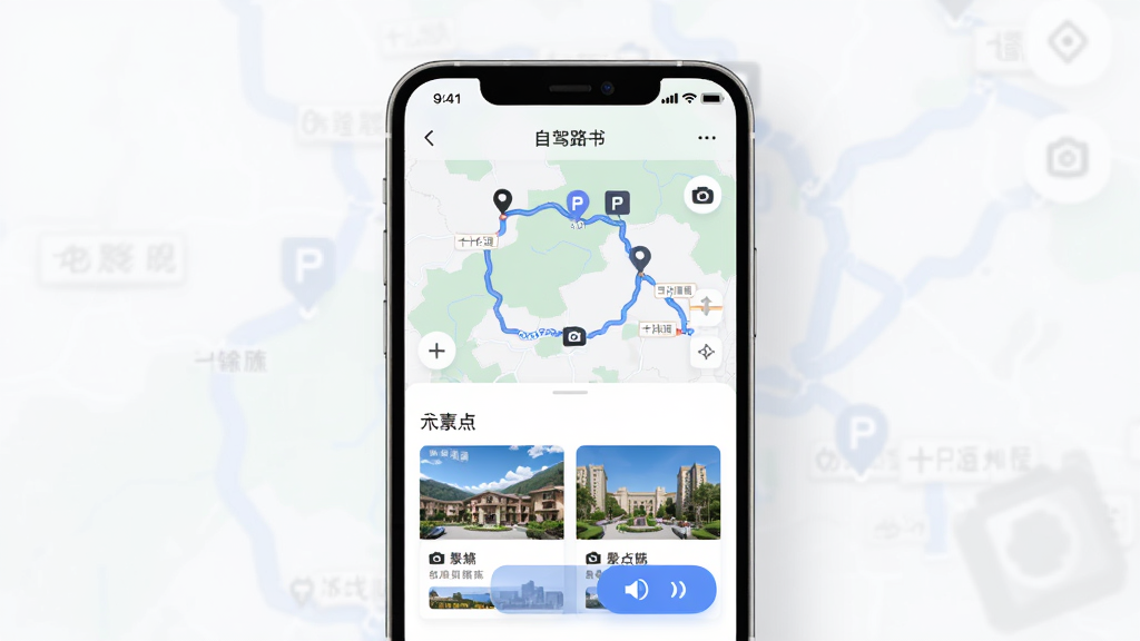��ʮ������App����չʾ������Ϊ�ֻ���Ļ��ʾ�Լ�·������ҳ������Ϊ�����ֻ�ģ�ͣ��Ű�����չʾ·�ߵ�ͼ�뾰�㿨Ƭ�����Ϊ�ִ���Լ�Ƽ��磬ϸ�ڰ�����ͼ��ǡ�ͣ��ͼ�ꡢ���ͼ�ꡢ�������Ű�ť�����ʸ��� �ɾ� �޶���Ԫ��