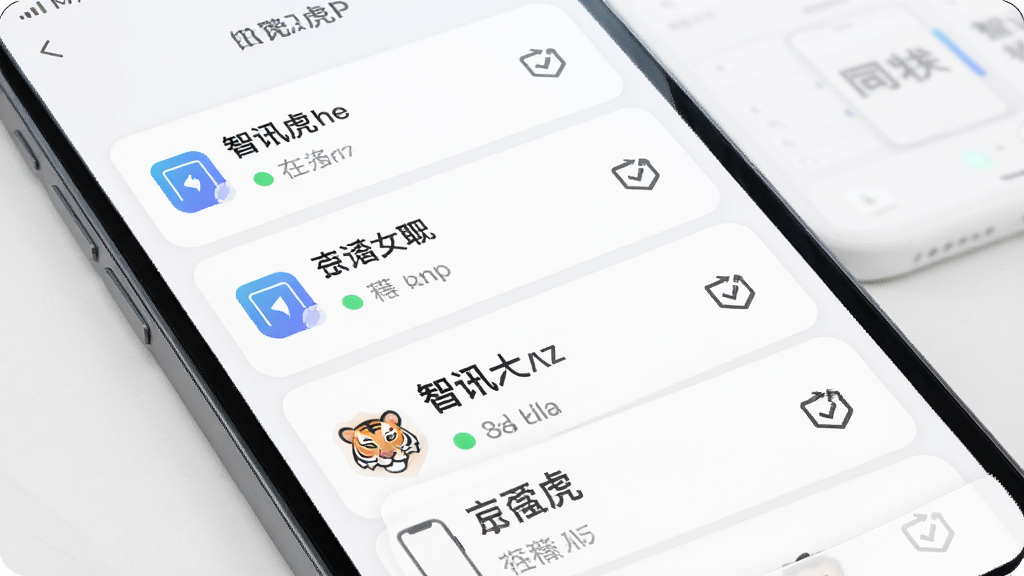 智讯虎App多设备管理界面,主体为手机屏幕展示多台设备卡片列表,布局为纵向排列的设备状态卡片,排版整齐,风格为清爽商务风,细节包含设备名称、在线状态指示灯、同步图标,画质高清,干净,无多余元素