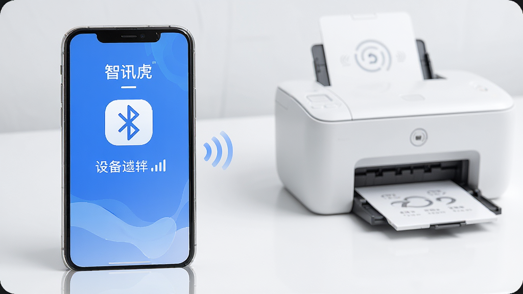 手机屏幕显示智讯虎App设备连接界面,主体为手机与打印机蓝牙配对场景,布局居中展示连接成功动画,排版简洁直观,风格为科技清新风,细节包含蓝牙图标、设备名称、信号强度指示,画质高清,干净,无多余元素