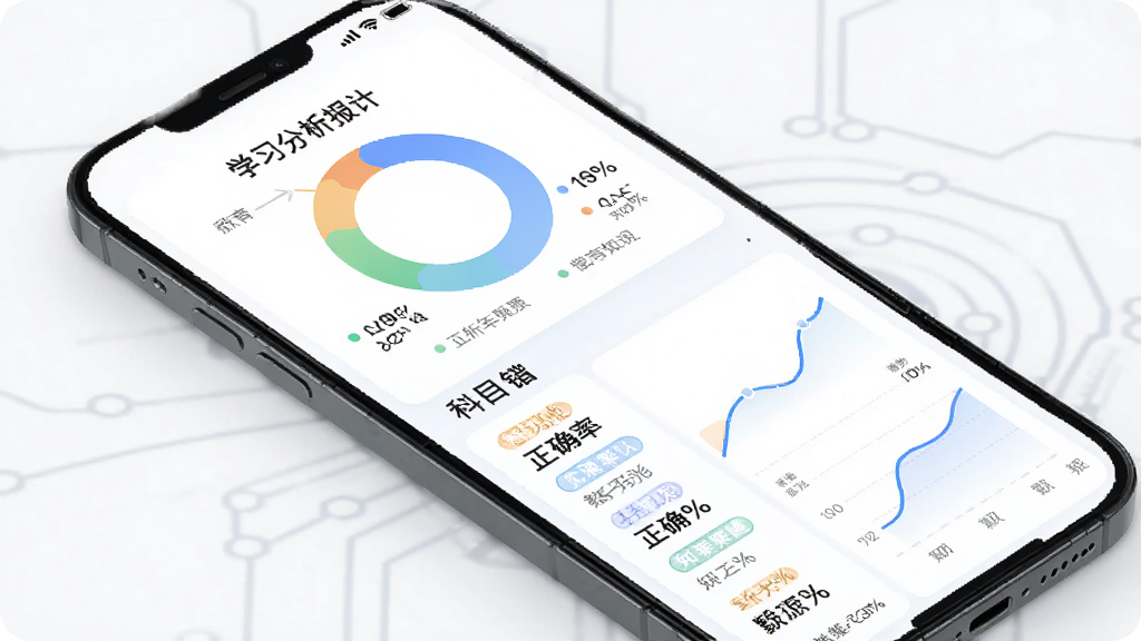 智讯虎App学习分析报告界面,主体为手机屏幕展示数据图表与错题统计,布局上方为环形图下方为科目列表,排版规整,风格为教育科技风,细节包含正确率百分比、知识点标签、趋势曲线,画质高清,干净,无多余元素