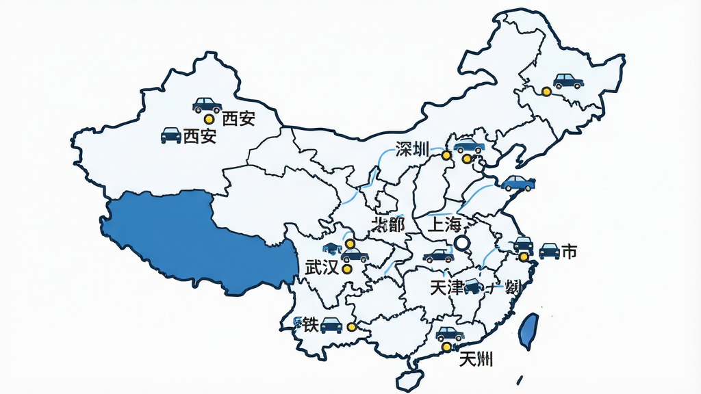优信拍 十大城市线下服务网络示意图,画面主体为中国地图轮廓,地图上标注北京、上海、广州、成都、天津、杭州、武汉、深圳、铁岭、西安十个城市节点,每个节点旁有小型车辆图标,布局居中,排版对称,风格为扁平化信息图,细节包含城市名称文字标签,画质高清,干净,无多余元素