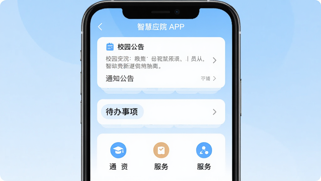 智慧应院APP主界面,手机屏幕中央展示校园资讯卡片和功能图标,背景为浅蓝色渐变,布局简洁,排版清晰,风格现代扁平,细节包含通知公告、待办事项、服务入口,画质清晰,干净,无多余元素