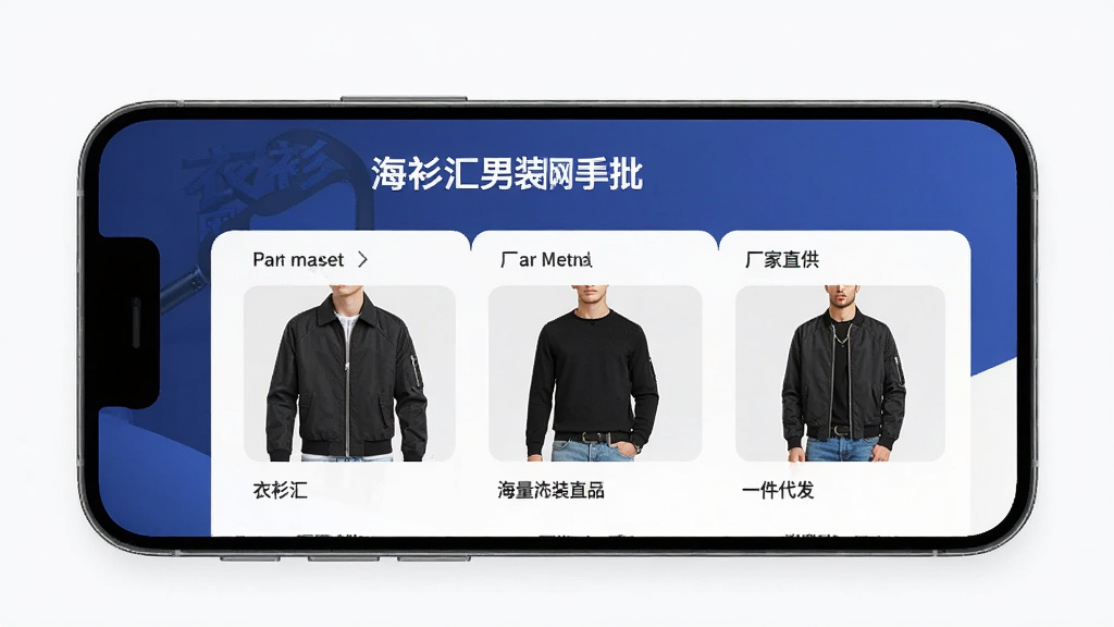 衣衫汇男装网批 手机App 首页展示 海量男装商品 厂家直供 一件代发 排版清晰 风格现代 细节丰富 画质清晰 干净 无多余元素