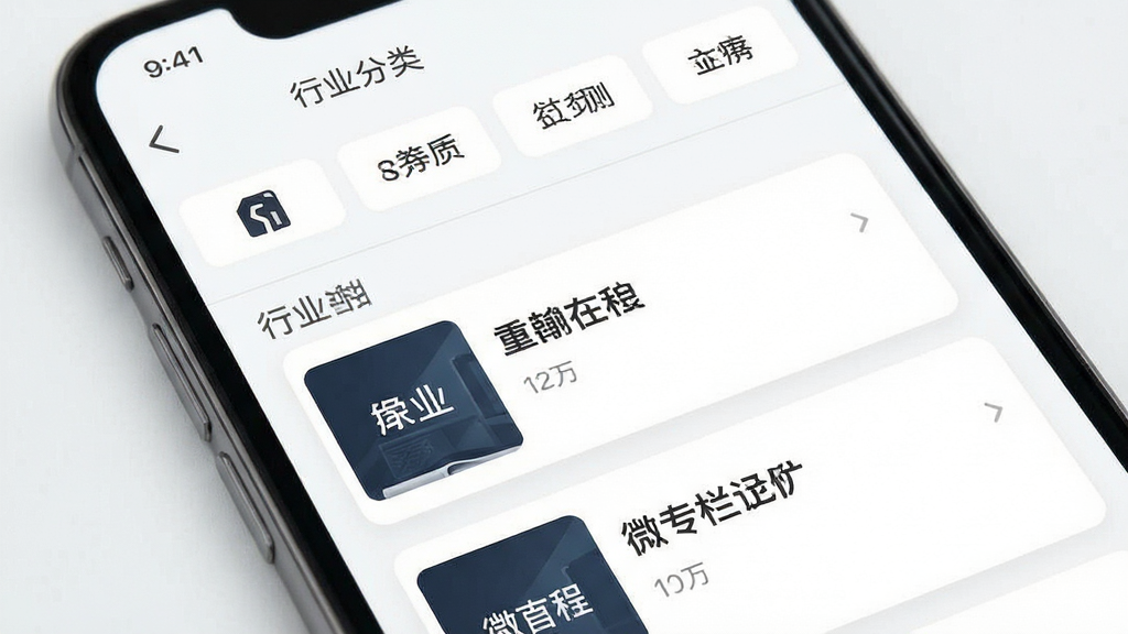 每日美刊应用界面展示,主体为手机屏幕,布局为上下结构,上方显示行业分类标签,中间为微专栏卡片列表,排版整洁有序,风格简约商务,细节包括分类图标与专栏标题文字,画质清晰,干净,无多余元素
