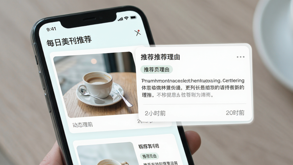每日美刊推荐动态页面,主体为手机界面,布局为信息流卡片,排版左图右文,风格清新浅色,细节包括推荐理由标签与动态时间,画质清晰,干净,无多余元素