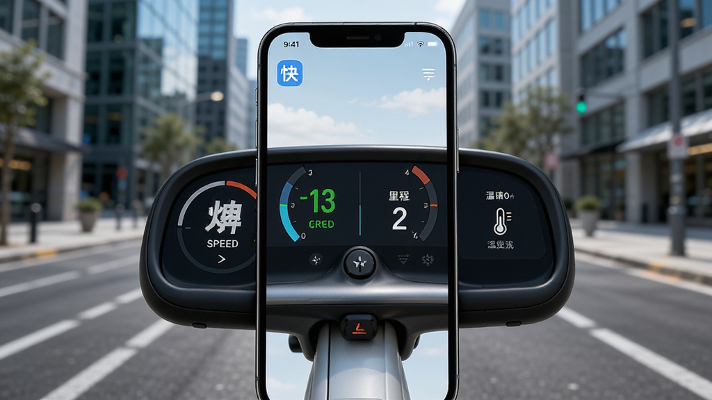 快轮骑行App主界面仪表盘展示,手机屏幕显示滑板车速度、电量、里程和温度数据,背景为城市街道,画面清晰明亮,现代科技风格,干净无多余元素,高画质