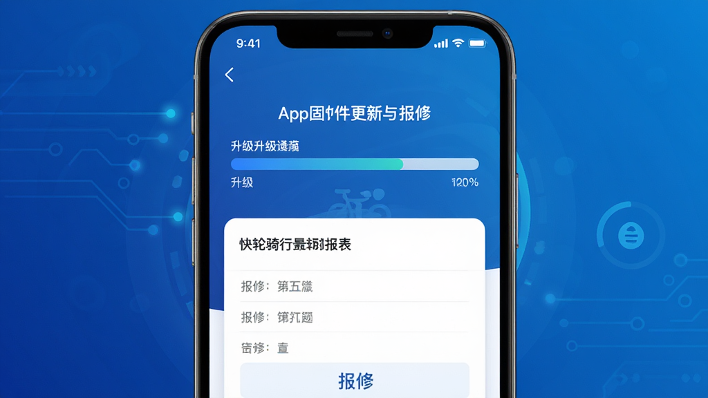 快轮骑行App固件更新与报修界面,手机屏幕显示升级进度条和报修表单,背景为科技蓝渐变,风格简洁专业,高画质,干净无多余元素