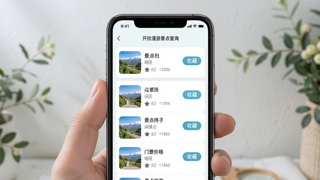 开欣漫游景点查询界面,手机屏幕居中展示景点列表,包含景点名称、地区、门票价格与收藏按钮,布局简洁清晰,风格清新明快,细节精致,画质高清,干净,无多余元素