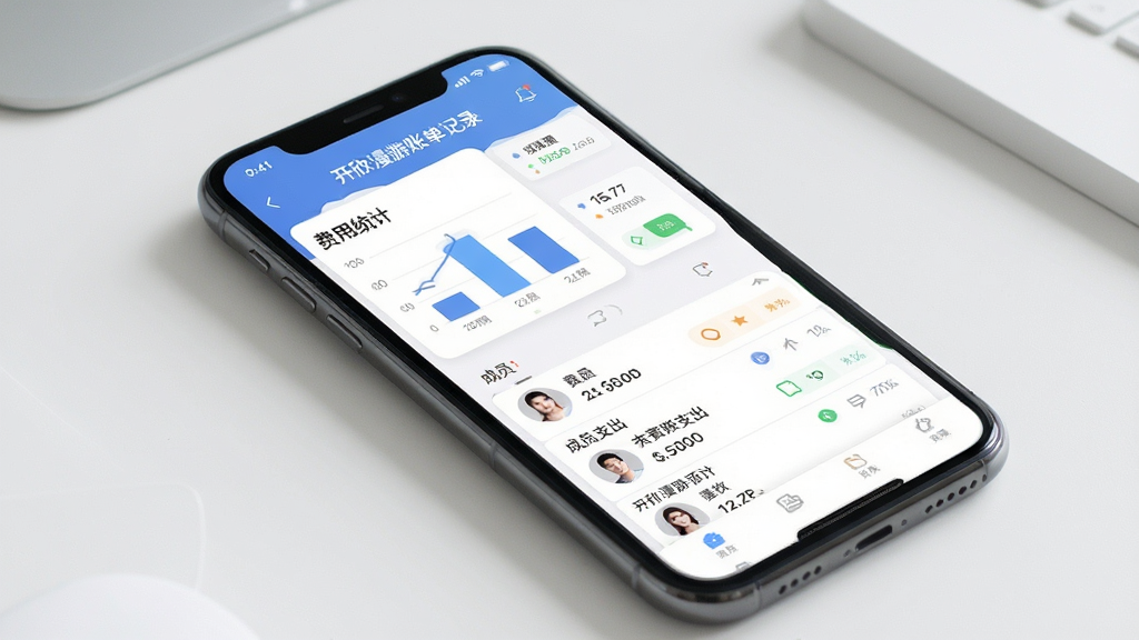 开欣漫游账单记录界面,手机屏幕展示费用统计图表与成员支出列表,布局整齐,风格简约现代,细节清晰,画质高清,干净,无多余元素