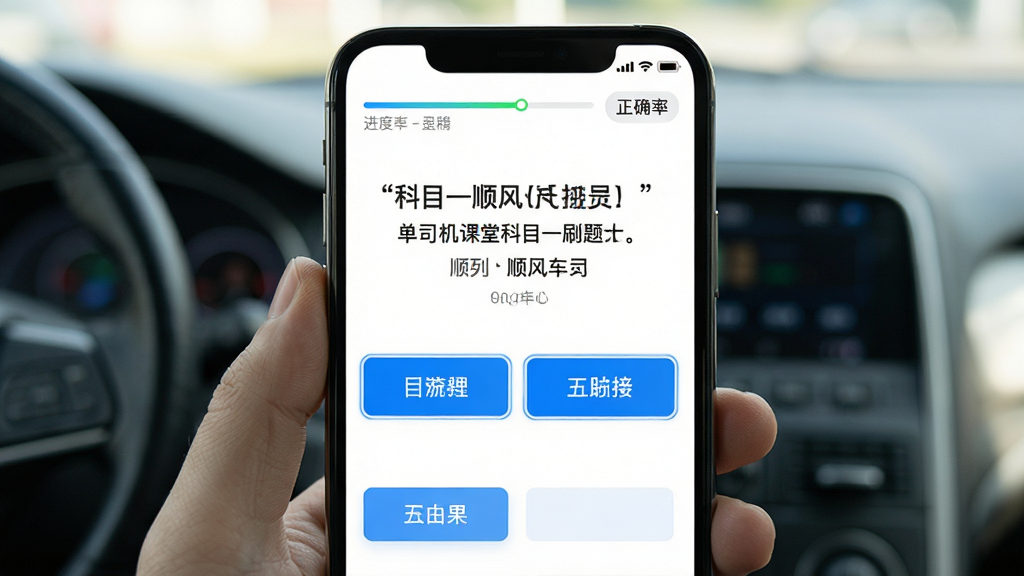 手机屏幕展示顺风车司机接单应用司机课堂科目一刷题界面,题目文字清晰,选项按钮蓝色高亮,顶部显示进度条和正确率,白色背景,简洁学习风格,高清画质