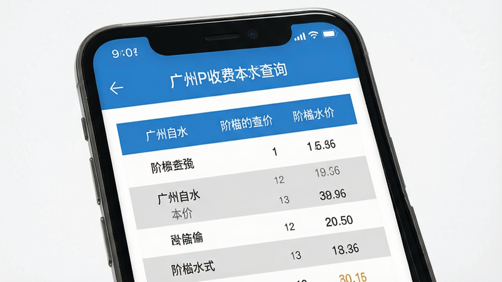 广州自来水APP收费标准查询页面,主体为手机屏幕展示阶梯水价表格,布局上下结构,排版整齐,风格素雅极简,细节包含蓝色表头和灰色隔行底色,画质清晰,干净,无多余元素