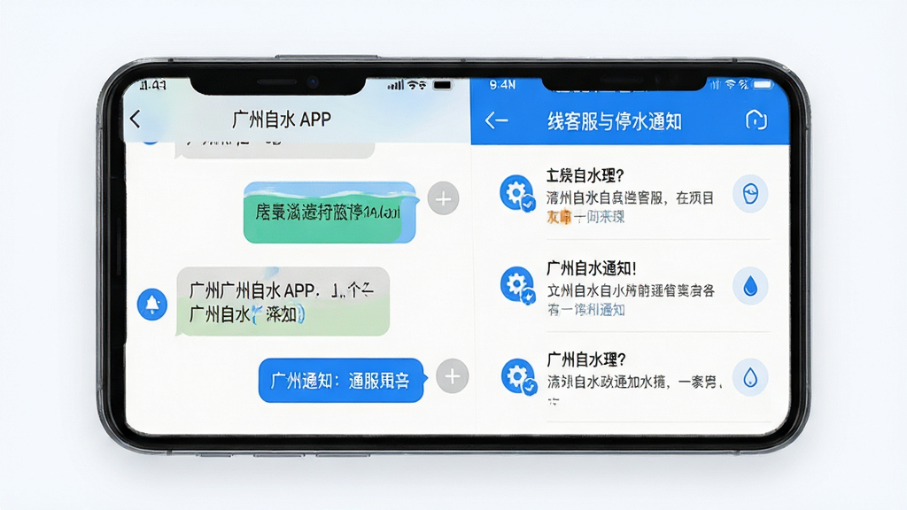 广州自来水APP在线客服与停水通知界面,主体为手机屏幕展示聊天窗口和通知列表,布局左右分栏,排版工整,风格清新浅色,细节包含蓝色图标和白色背景,画质清晰,干净,无多余元素