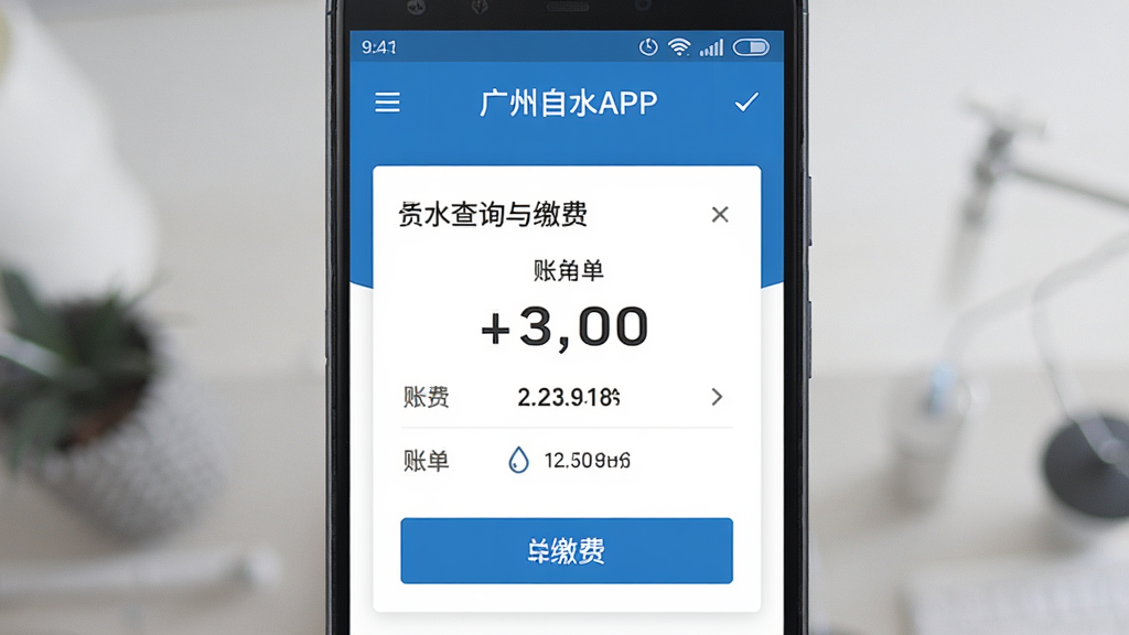 手机屏幕显示广州自来水APP水费查询与缴费页面,主体为一部安卓手机,布局居中,排版清晰展示账单金额和缴费按钮,风格简洁商务,细节包含蓝色主色调和白色卡片背景,画质高清,干净,无多余元素