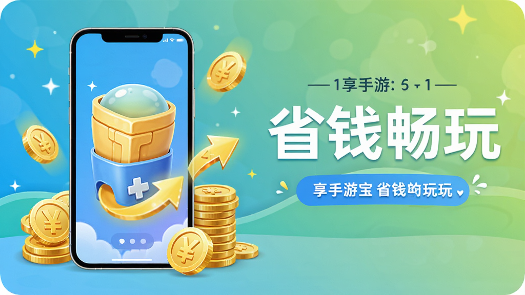1享手游宝省钱畅玩宣传图,主体为手机与金币元素结合,布局左图右文,排版清晰,风格清新明快,细节包含“省钱畅玩”字样,画质干净,无多余元素