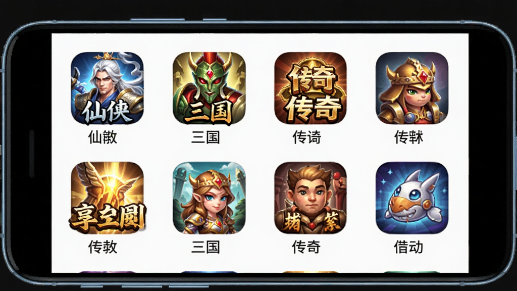 1享手游宝软件界面展示,主体为手机屏幕中排列多种游戏类型图标,布局居中,排版整齐,风格简洁科技感,细节包含仙侠、三国、传奇等文字标签,画质清晰,干净,无多余元素