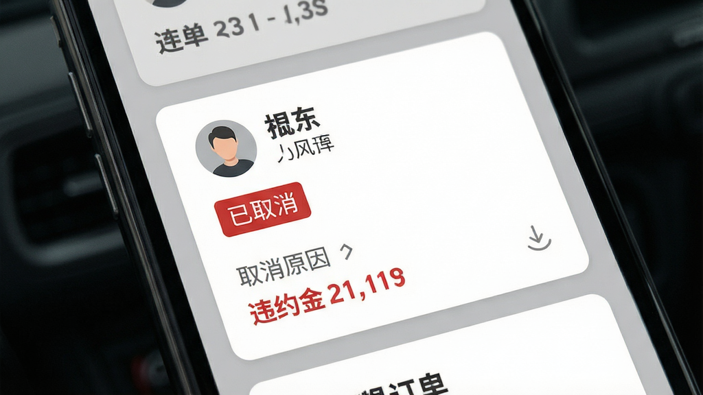 顺风车司机接单应用订单管理界面,主体为手机屏幕特写,屏幕中央显示一条订单卡片,卡片上标注“已取消”红色标签,上方有乘客头像和昵称,下方显示取消原因和违约金金额,布局为纵向卡片列表,风格为简洁商务风,细节包括灰色背景、白色卡片、红色和灰色文字对比,画质高清,干净,无多余元素