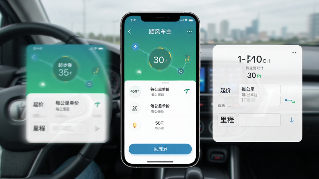 顺风车主接单通软件界面展示,主体为手机屏幕中显示行程计价页面,布局为居中展示手机与计价数据面板,排版简洁清晰,风格为现代科技感扁平化设计,细节包含起步价、每公里单价、里程输入框等元素,画质高清,干净,无多余元素