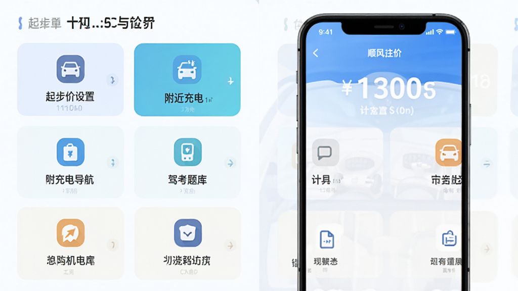 顺风车主接单通软件功能宣传图,主体为手机展示计价与工具界面,布局为左右分栏展示多个功能模块,排版整齐有序,风格为清新简约的扁平化设计,细节包含起步价设置、附近充电导航、驾考题库等图标元素,画质清晰,干净,无多余元素