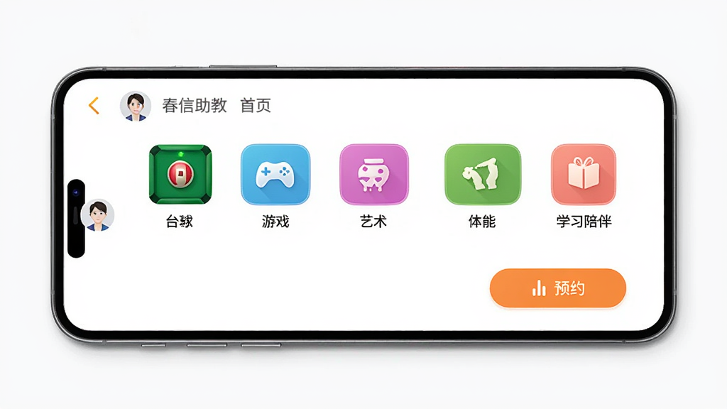��������APP��ҳ����չʾ������Ϊ�ֻ���Ļ������������ʾ̨����Ϸ�����������ܡ�ѧϰ���ȷ���ͼ�꣬�Ű����룬������ִ���ϸ�ڰ�������ͷ���ԤԼ��ť�����ʸ��壬�ɾ����޶���Ԫ��
