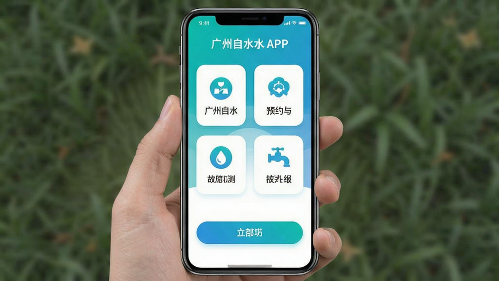 广州自来水APP内水质检测预约与故障上报功能界面 手机屏幕 青蓝色渐变背景 图标清晰 操作按钮醒目 画质干净 无杂乱元素