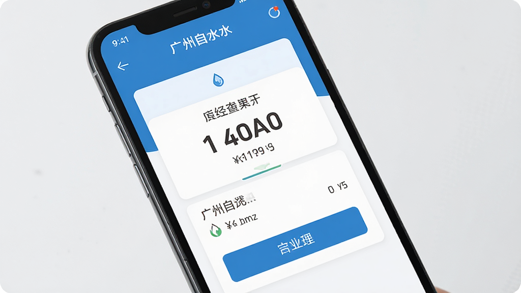 手机屏幕显示广州自来水APP水费账单查询与缴费页面 蓝色主调 简洁卡片式布局 扁平化风格 包含数字金额与按钮 画质清晰 干净无多余元素