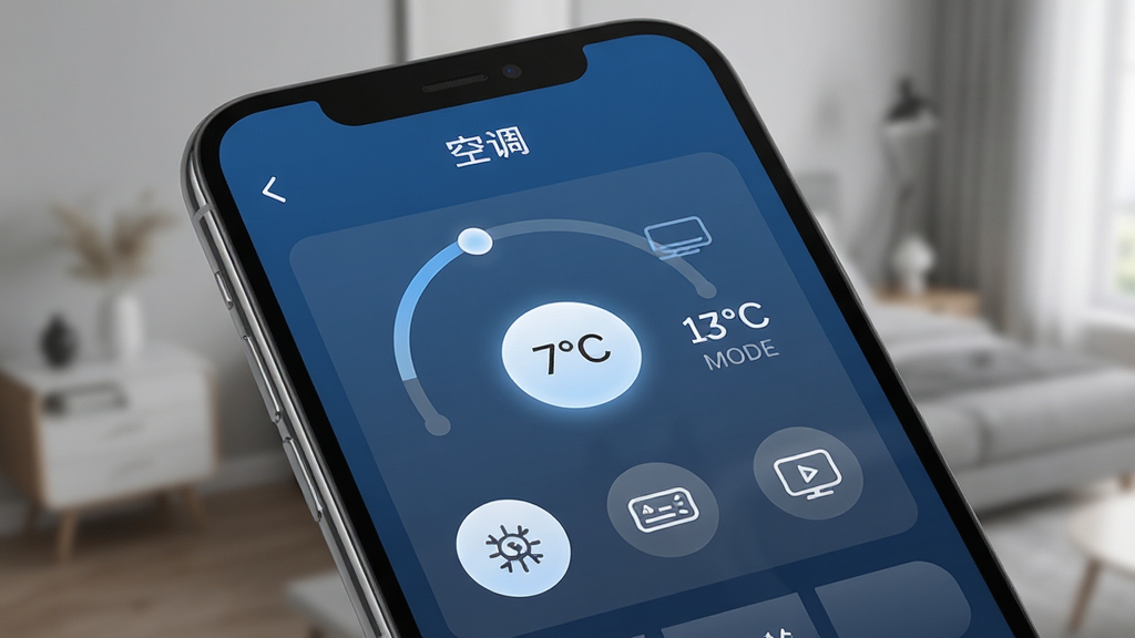 �ֻ�ң�ؿյ�APP����չʾ������Ϊһ�������ֻ���Ļ��ʾ�յ�ң����壬���ּ�࣬�Ű�����������ִ��Ƽ��У�ϸ�ڰ����¶ȵ��ڰ�ť��ģʽͼ�꣬���ʸ��壬�ɾ����޶���Ԫ��
