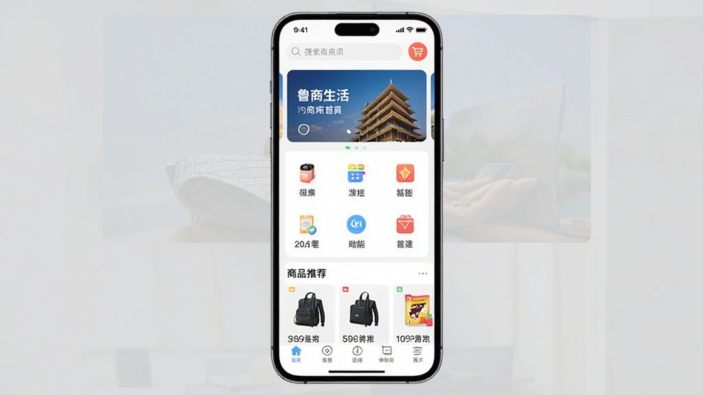 ³������app����չʾͼ������Ϊ�ֻ���Ļ��ʾ³��������ҳ������Ϊ�Ϸ��ֲ�ͼ���м书��ͼ�������·���Ʒ�Ƽ��б����Ű������������Ϊ�ִ���ƽ������磬ϸ�ڰ����ײ��������������򡢹��ﳵͼ�꣬���ʸ��壬�ɾ����޶���Ԫ��