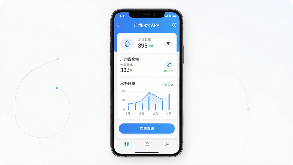 手机屏幕显示广州自来水APP水费账单查询界面,主体为一部竖放的智能手机,布局居中,排版简约,风格为现代扁平化科技风,细节包含清晰的数字图表和蓝色主色调按钮,画质高清,干净,无多余元素