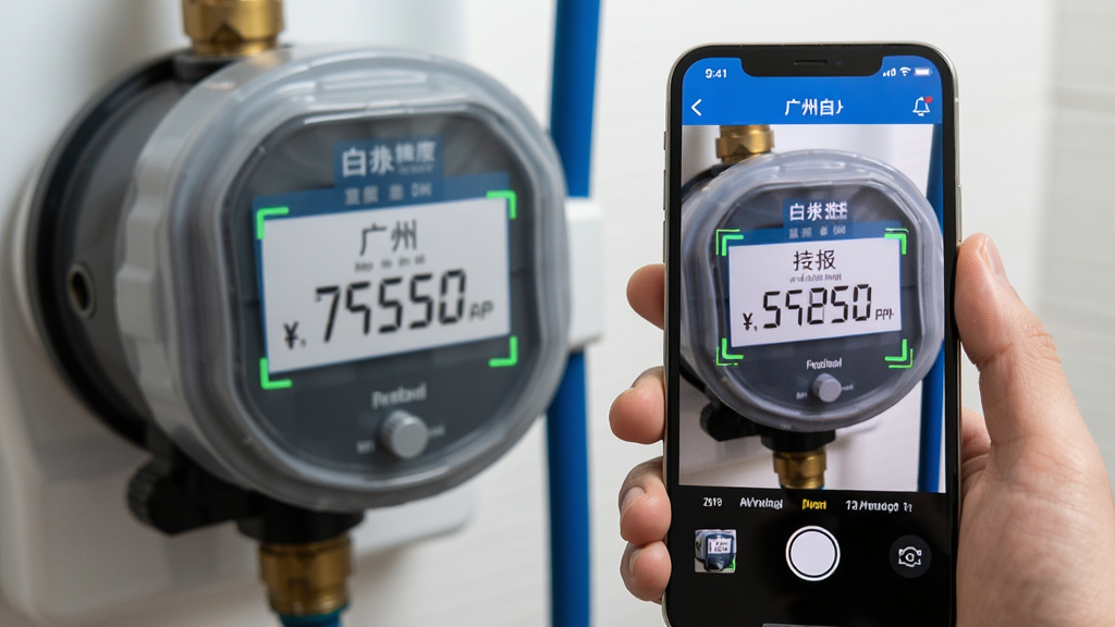 广州自来水APP自报行度功能操作示意,主体为一只手拿着手机对着水表拍照,布局为近景特写,排版突出手机屏幕中的读数识别框,风格为写实生活风,细节包含清晰的水表数字和手机UI,画质高清,干净,无多余元素