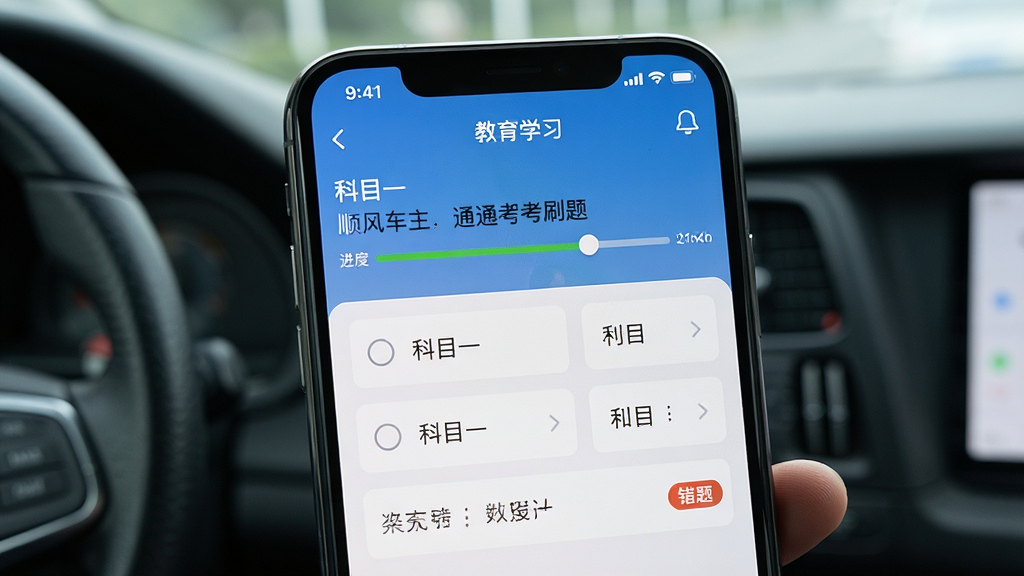 顺风车主接单通驾考刷题界面,主体为手机屏幕显示科目一题目与选项,布局清晰,排版规整,风格为教育学习类,细节包含进度条与错题标记,画质清晰,干净,无多余元素