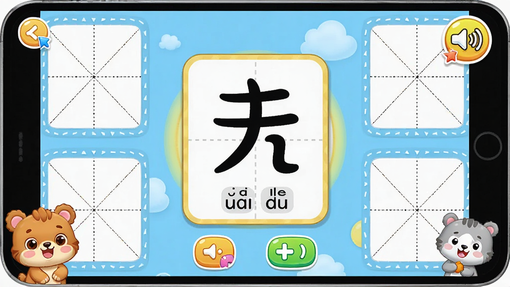 宝宝识字汉字软件界面展示,中央放置汉字卡片与拼音标注,周围环绕田字格描红练习区和语音互动图标,布局清晰,排版简洁,风格为卡通儿童教育风,细节包括可爱的动物角色和彩色按钮,画质高清,干净,无多余元素