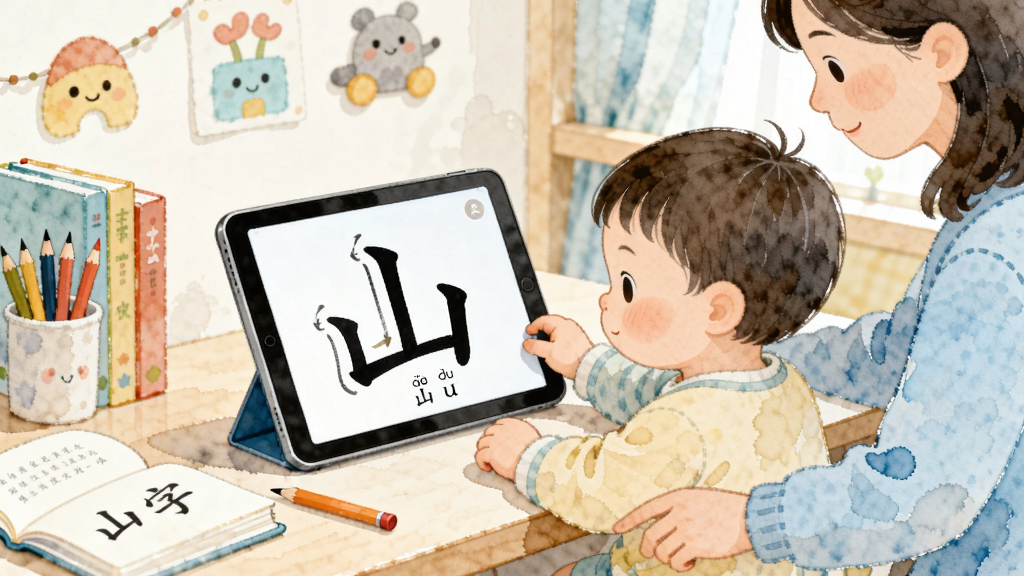 宝宝识字汉字学习场景插画,画面中一个宝宝坐在书桌前使用平板电脑学习汉字,屏幕上显示汉字“山”的笔顺动画和拼音,旁边有家长陪伴指导,背景是温馨的儿童房,风格为柔和水彩风,细节包括书本、铅笔和卡通装饰,画质细腻,干净,无多余元素